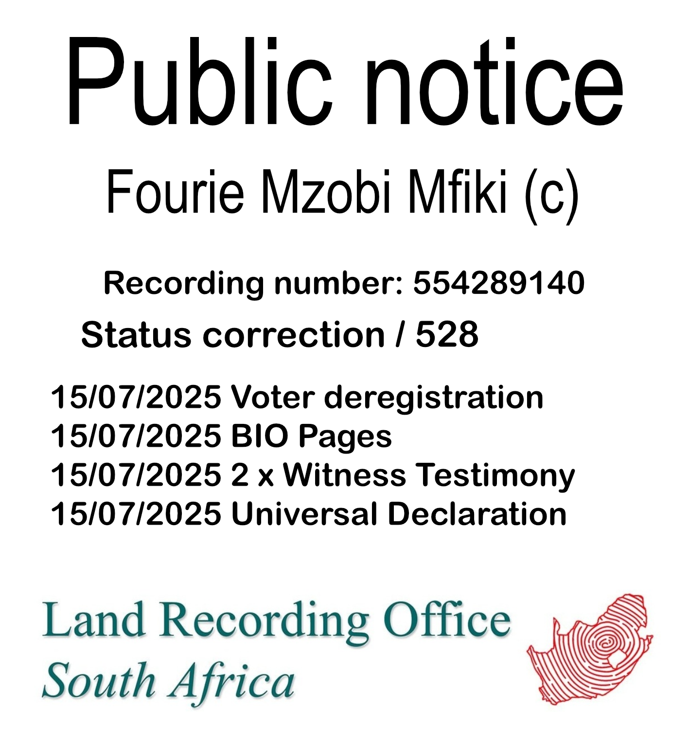 Public notice Fourie Mzobi Mfiki (c) Recording number 554289140